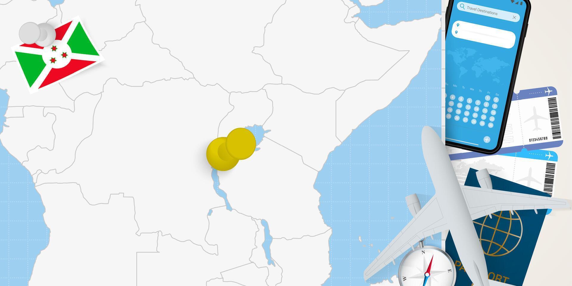 Travel to Burundi concept, map with pin on map of Burundi. Vacation preparation map, flag, passport and tickets. vector