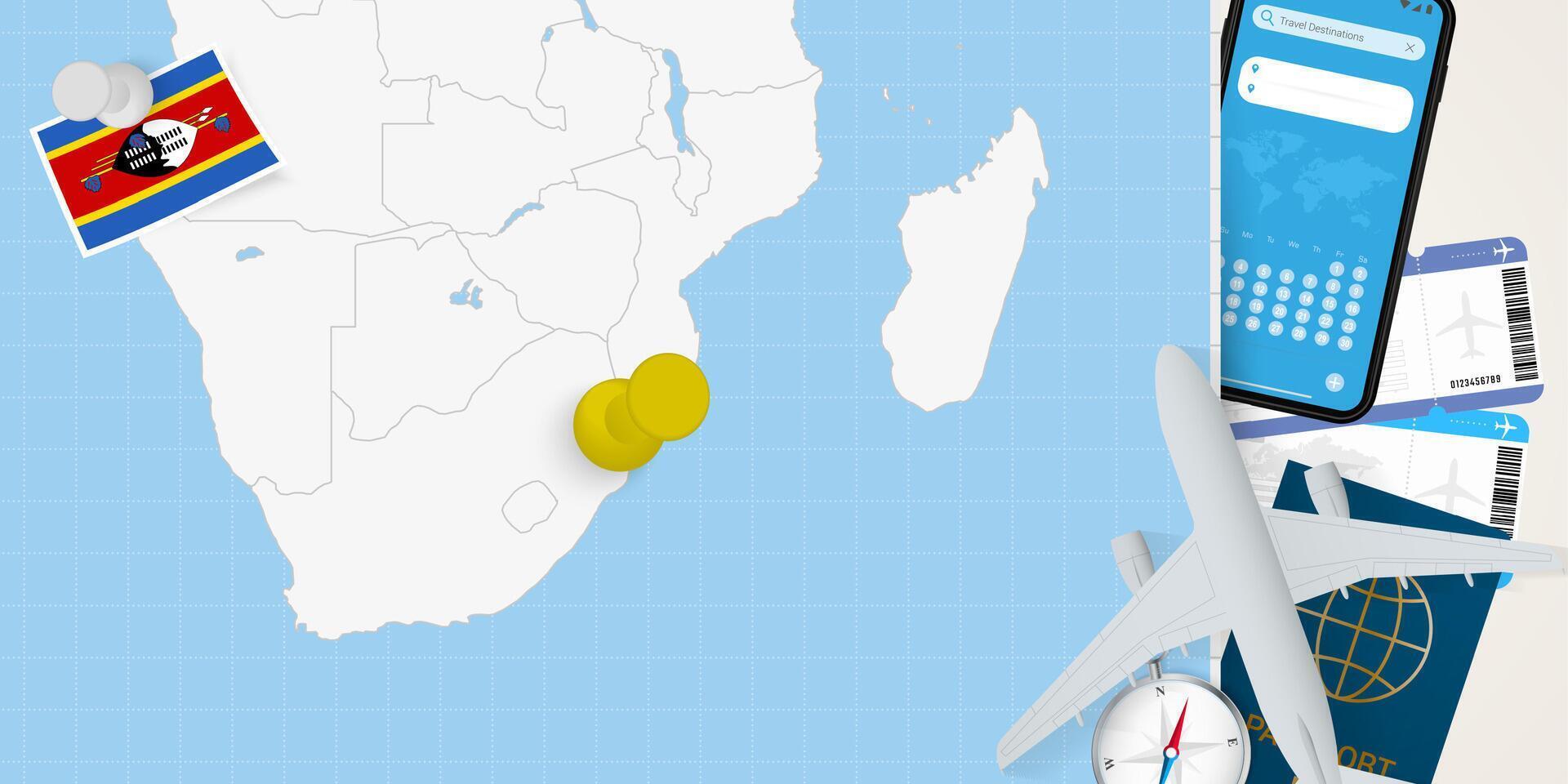 Travel to Swaziland concept, map with pin on map of Swaziland. Vacation preparation map, flag, passport and tickets. vector