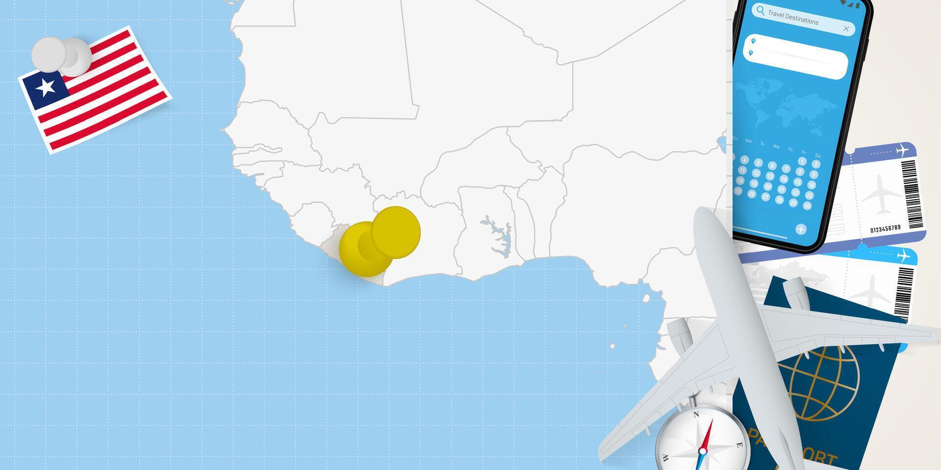 Travel to Liberia concept, map with pin on map of Liberia. Vacation preparation map, flag, passport and tickets. vector