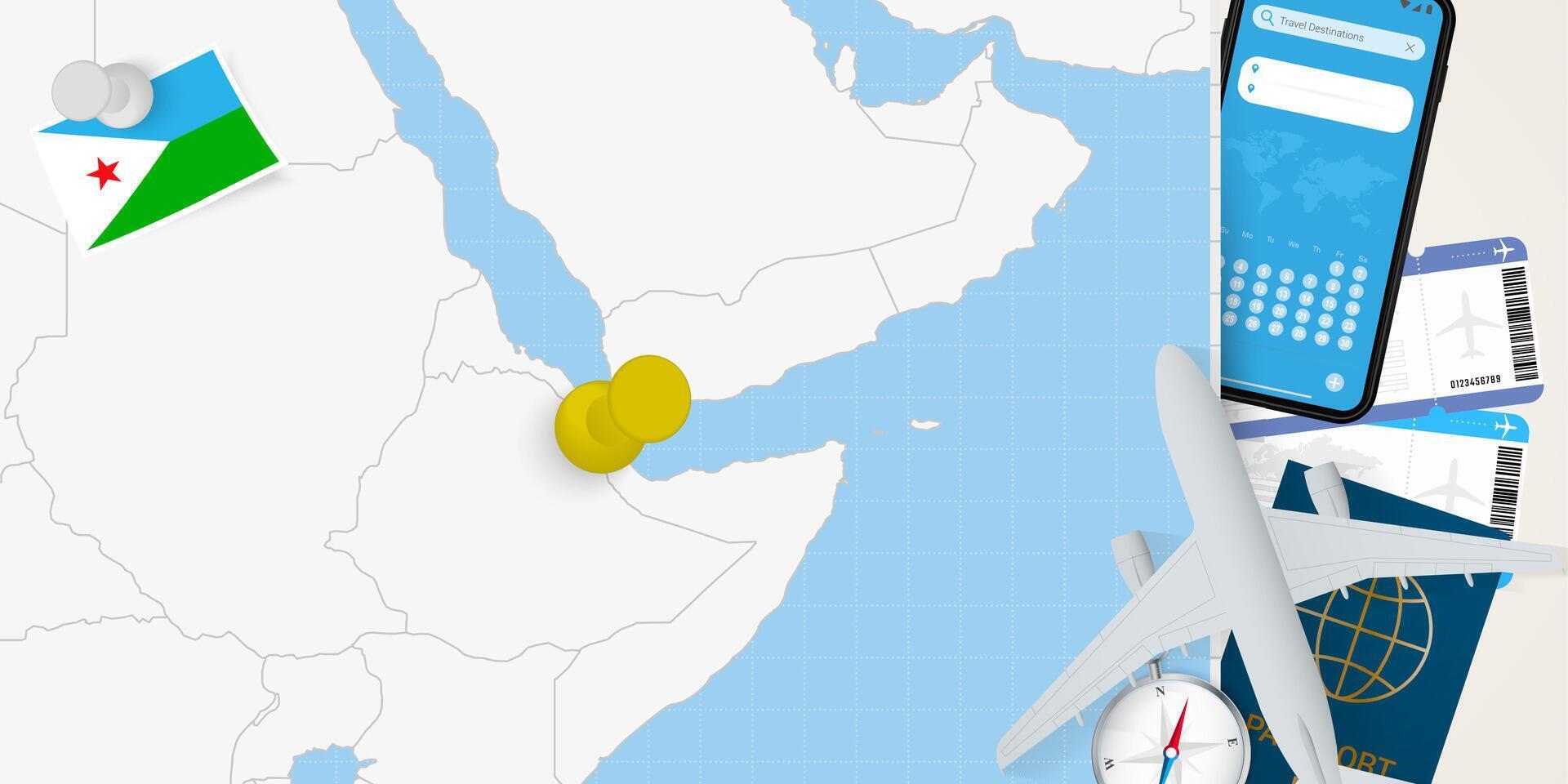 Travel to Djibouti concept, map with pin on map of Djibouti. Vacation preparation map, flag, passport and tickets. vector
