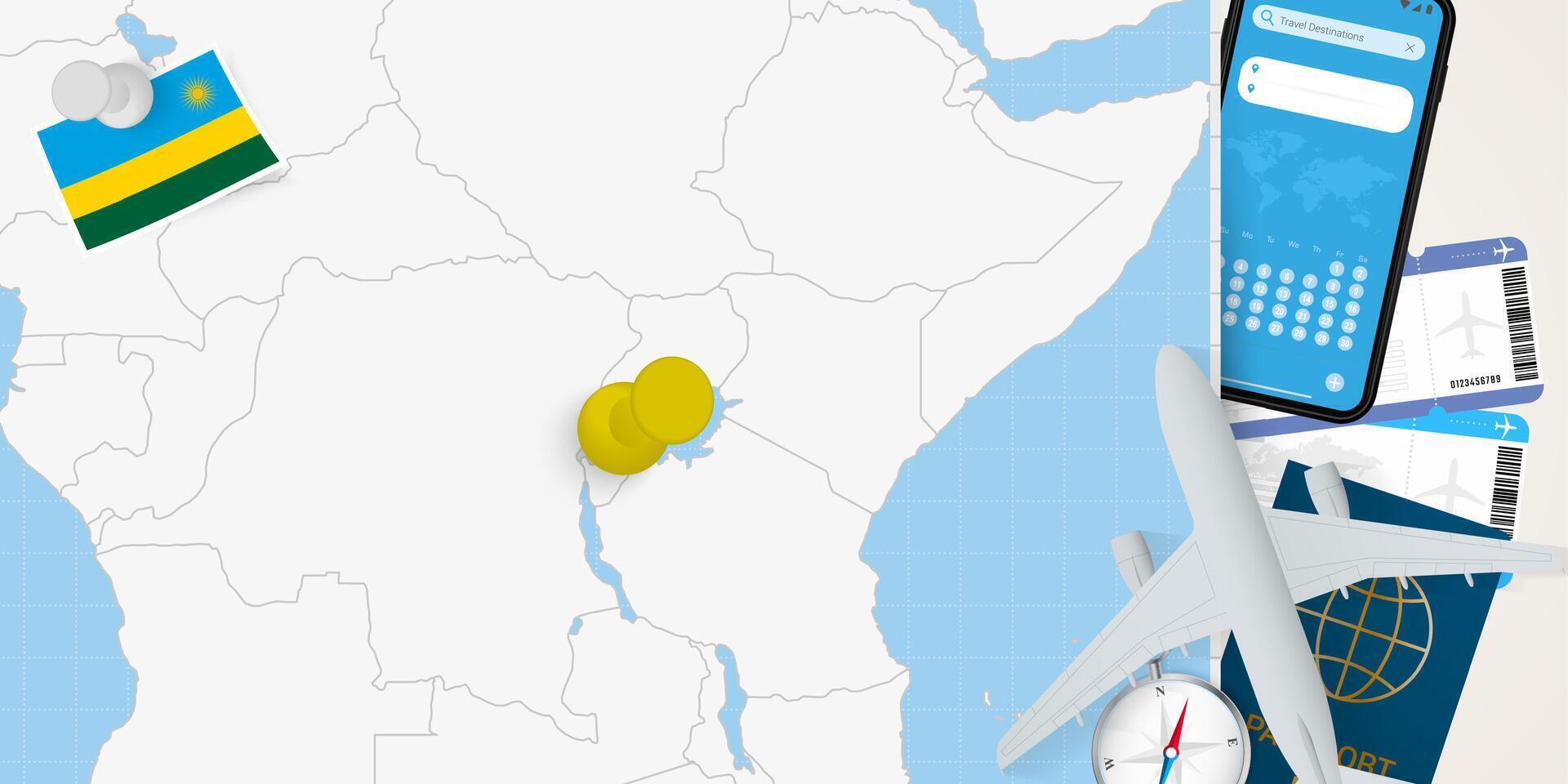 Travel to Rwanda concept, map with pin on map of Rwanda. Vacation preparation map, flag, passport and tickets. vector