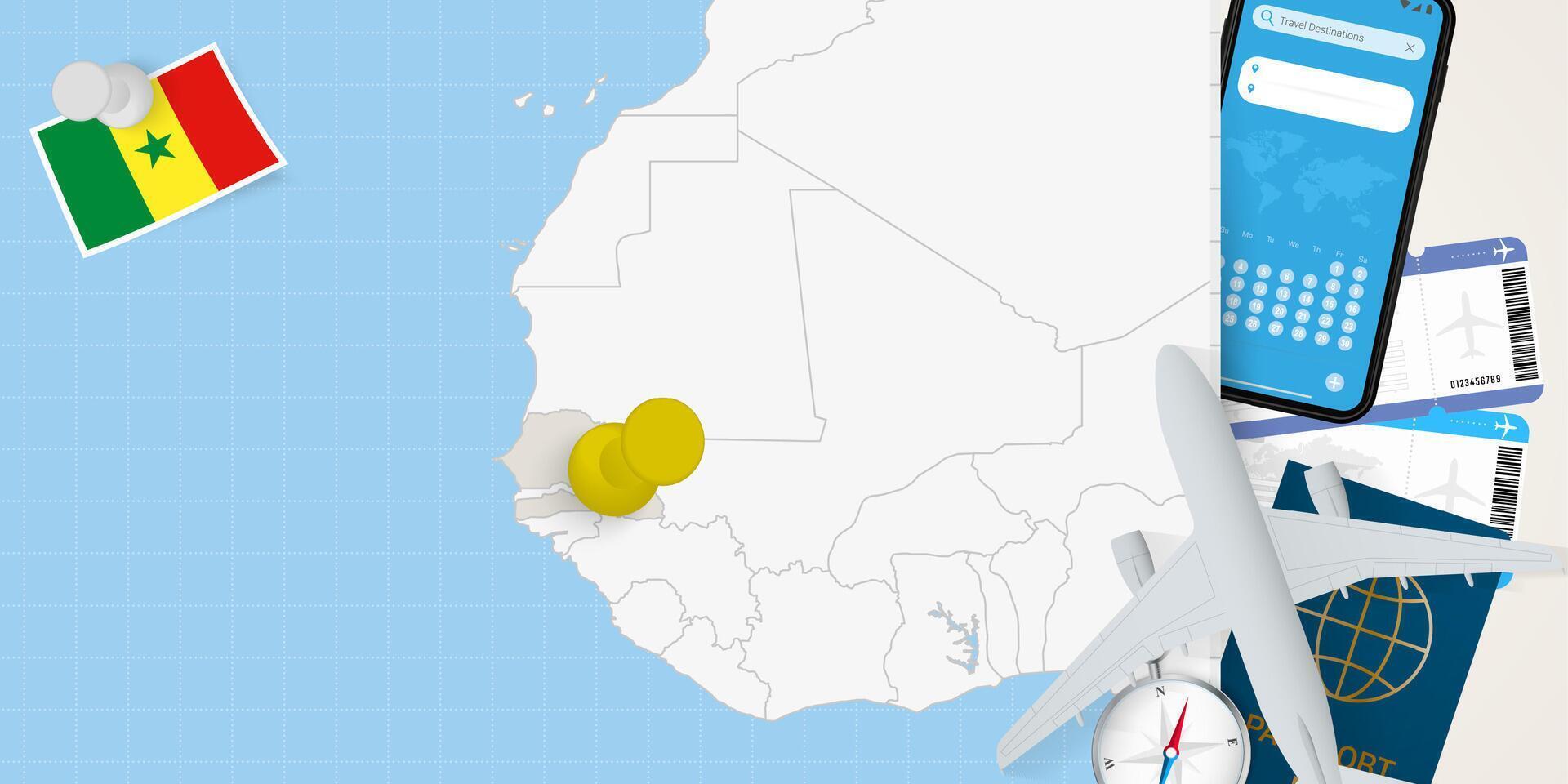 Travel to Senegal concept, map with pin on map of Senegal. Vacation preparation map, flag, passport and tickets. vector