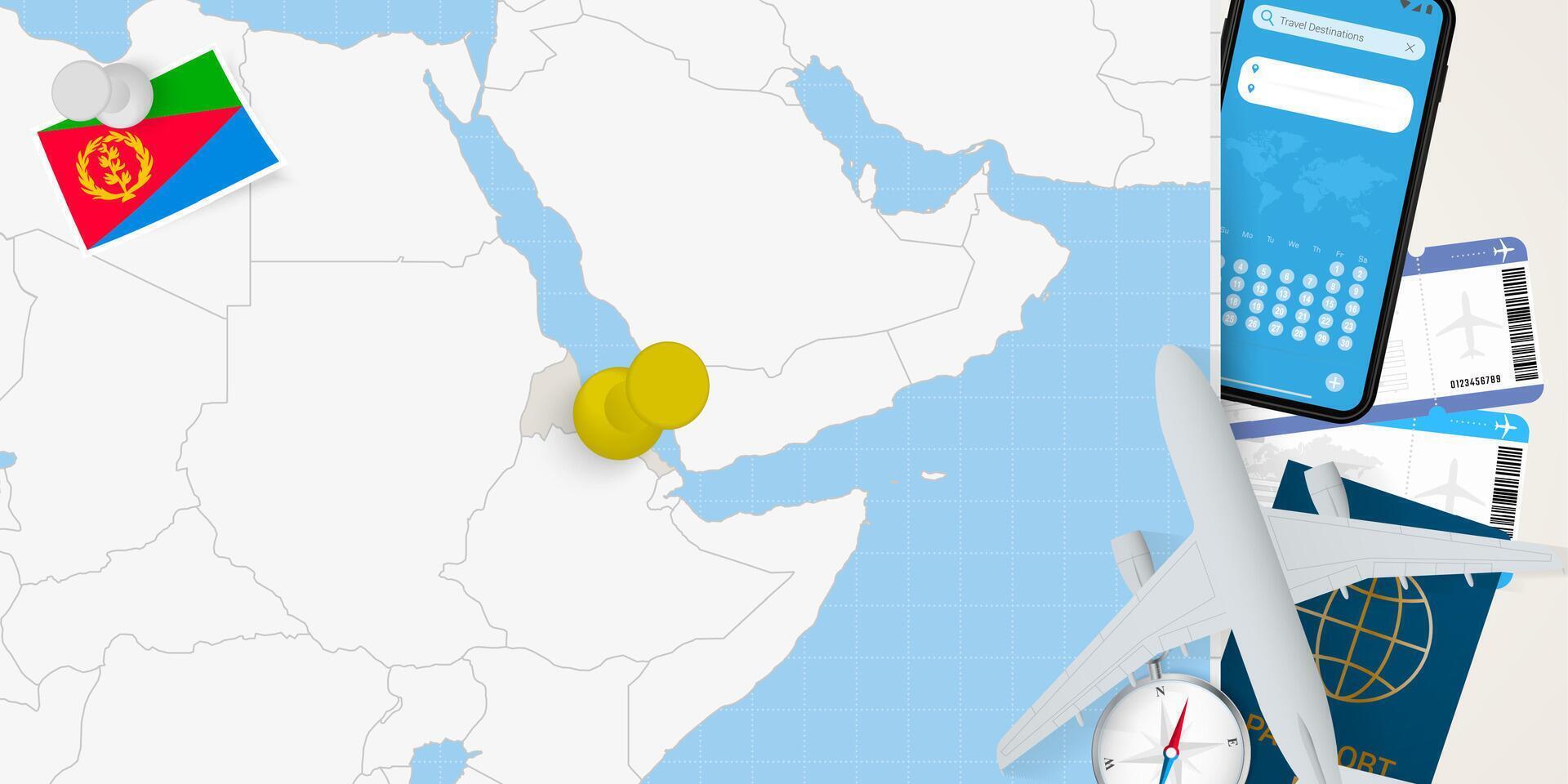Travel to Eritrea concept, map with pin on map of Eritrea. Vacation preparation map, flag, passport and tickets. vector