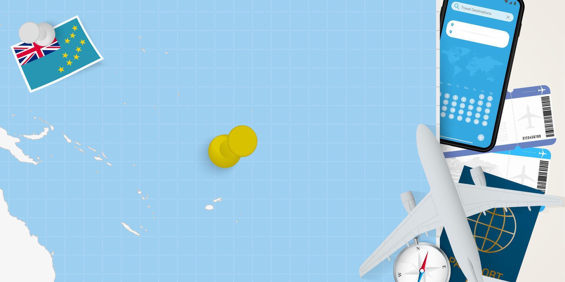 Travel to Tuvalu concept, map with pin on map of Tuvalu. Vacation preparation map, flag, passport and tickets. vector