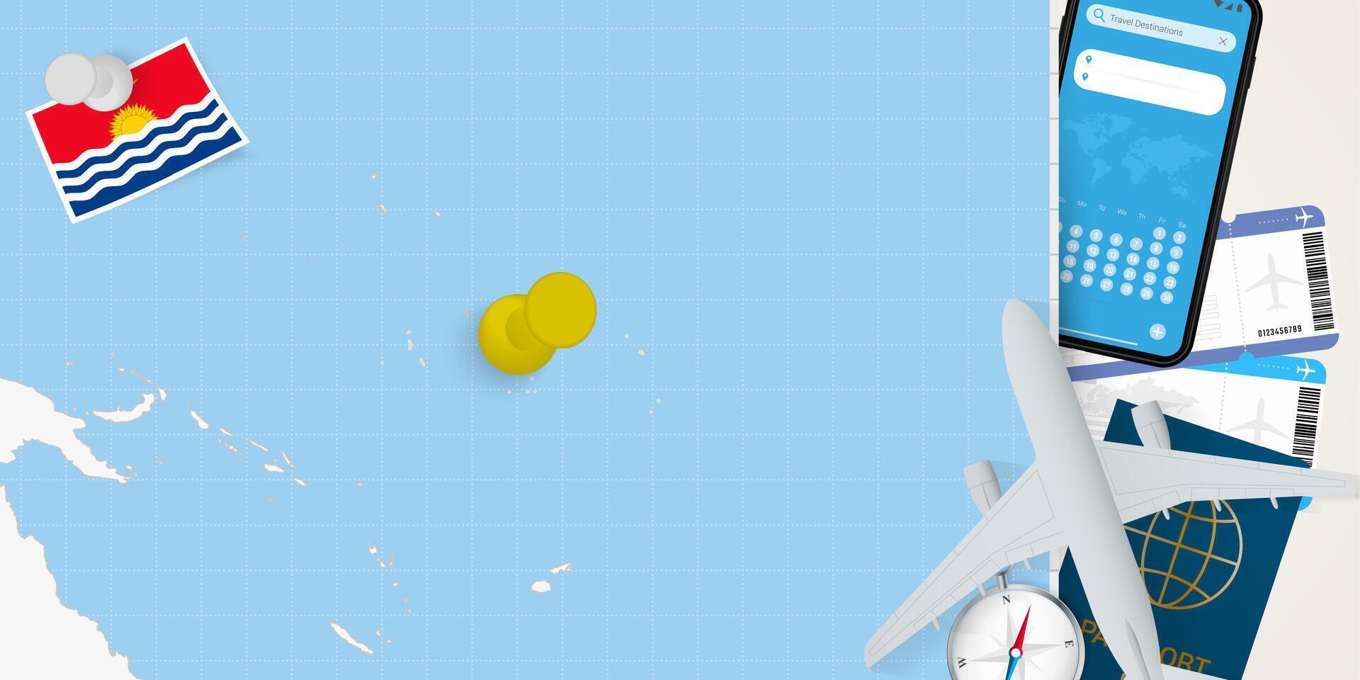 Travel to Kiribati concept, map with pin on map of Kiribati. Vacation preparation map, flag, passport and tickets. vector
