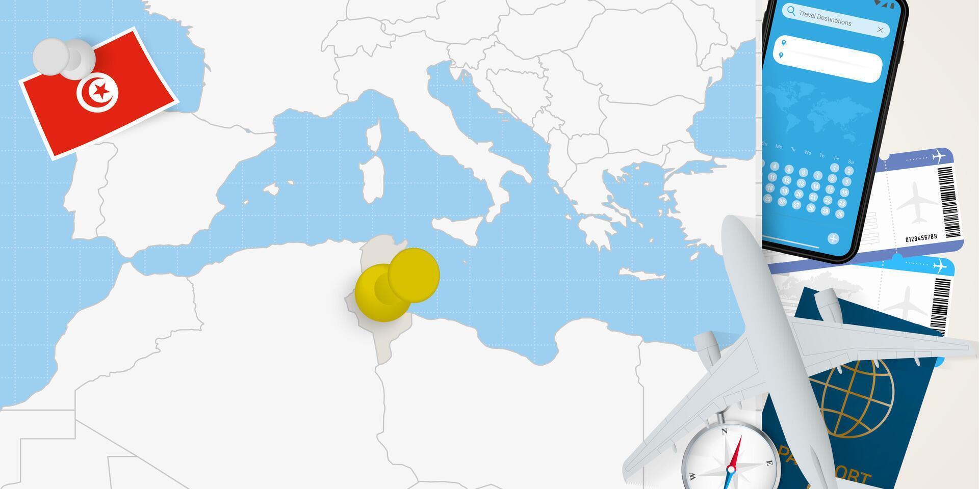 Travel to Tunisia concept, map with pin on map of Tunisia. Vacation preparation map, flag, passport and tickets. vector