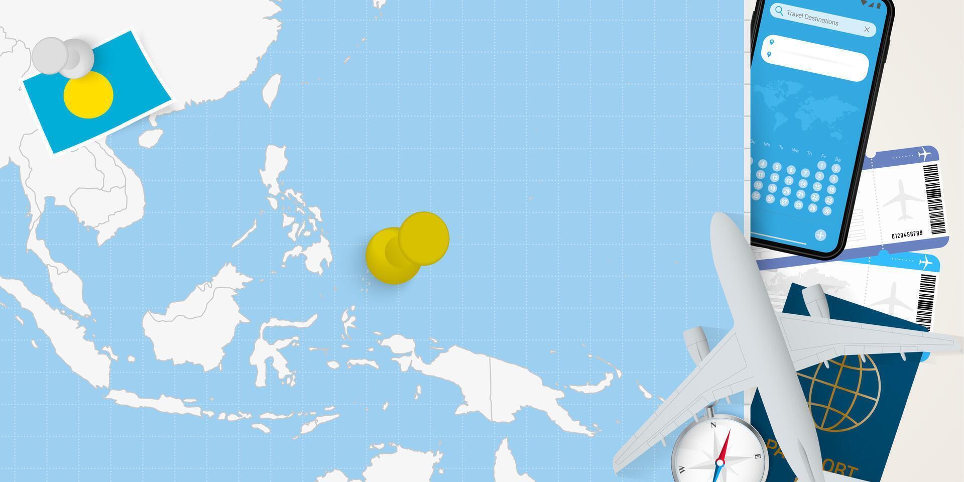 Travel to Palau concept, map with pin on map of Palau. Vacation preparation map, flag, passport and tickets. vector