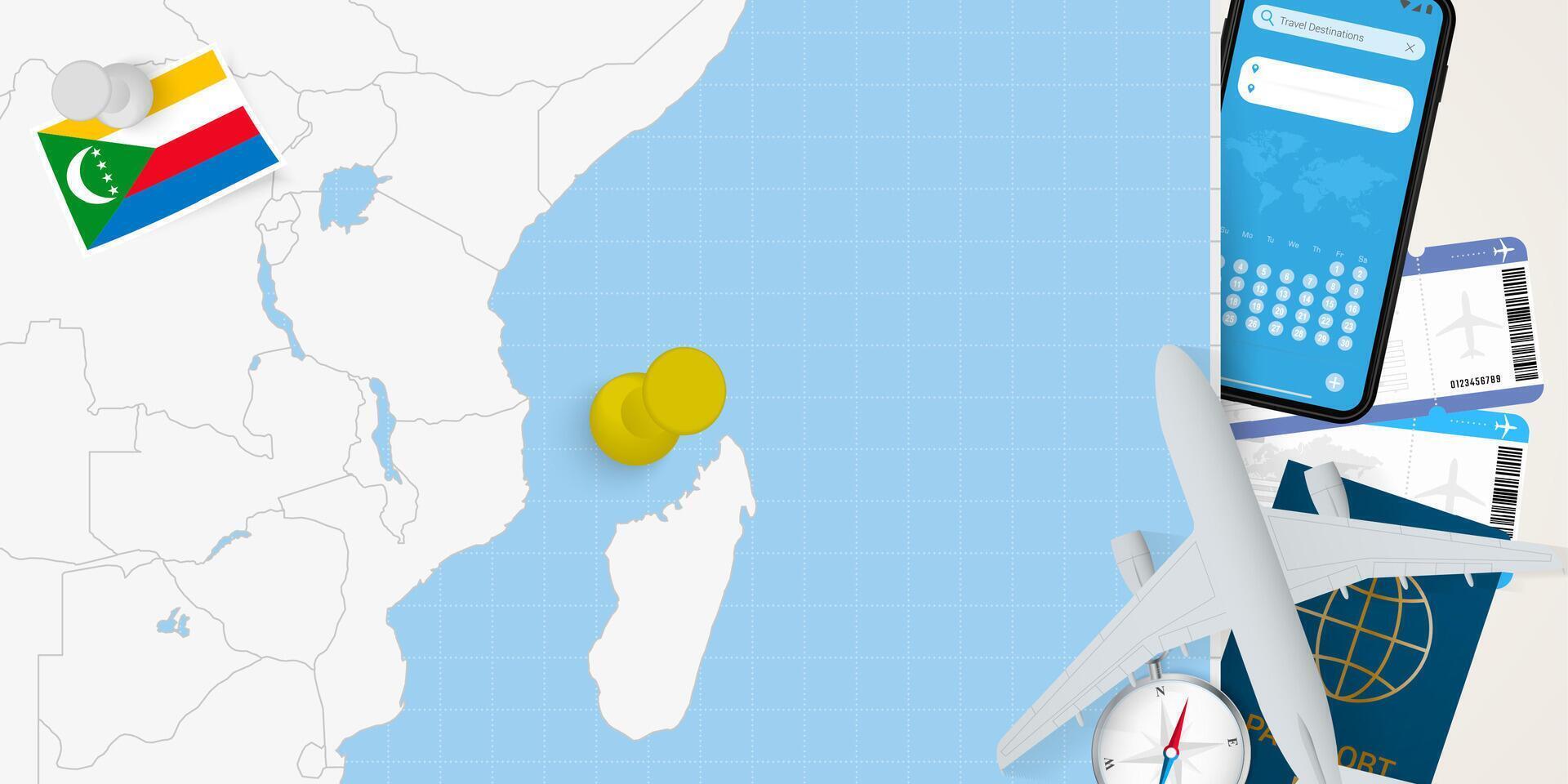 Travel to Comoros concept, map with pin on map of Comoros. Vacation preparation map, flag, passport and tickets. vector
