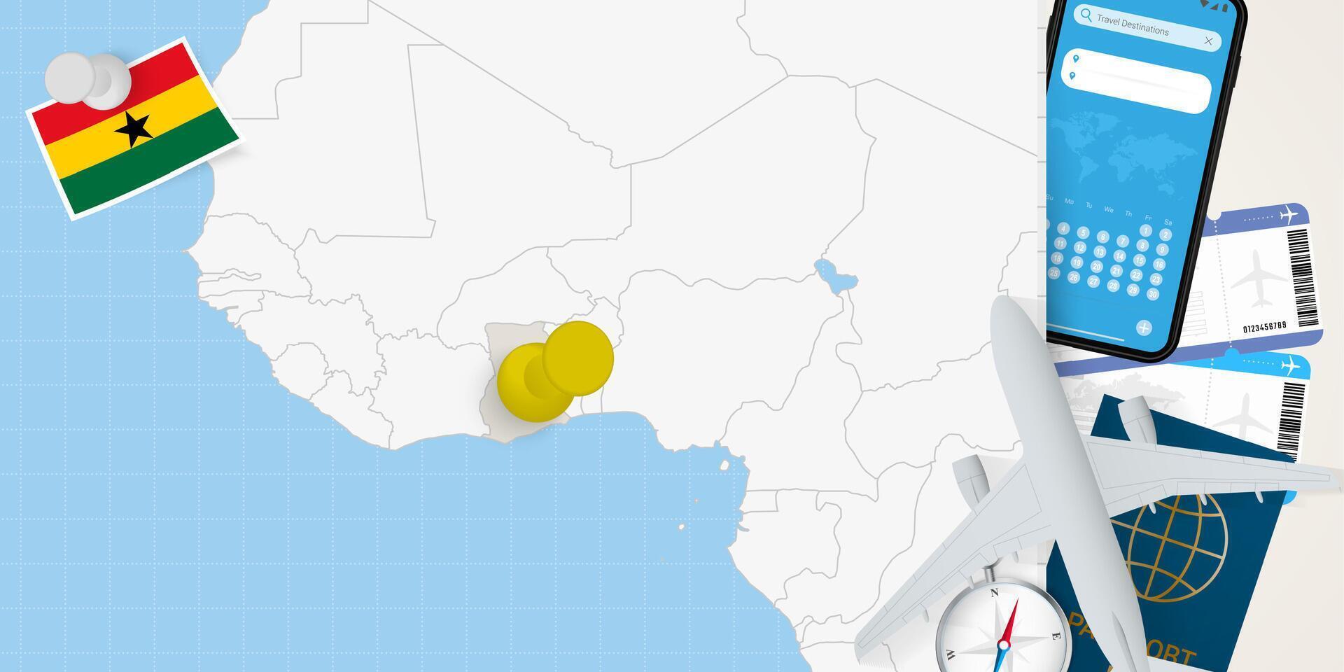 Travel to Ghana concept, map with pin on map of Ghana. Vacation preparation map, flag, passport and tickets. vector