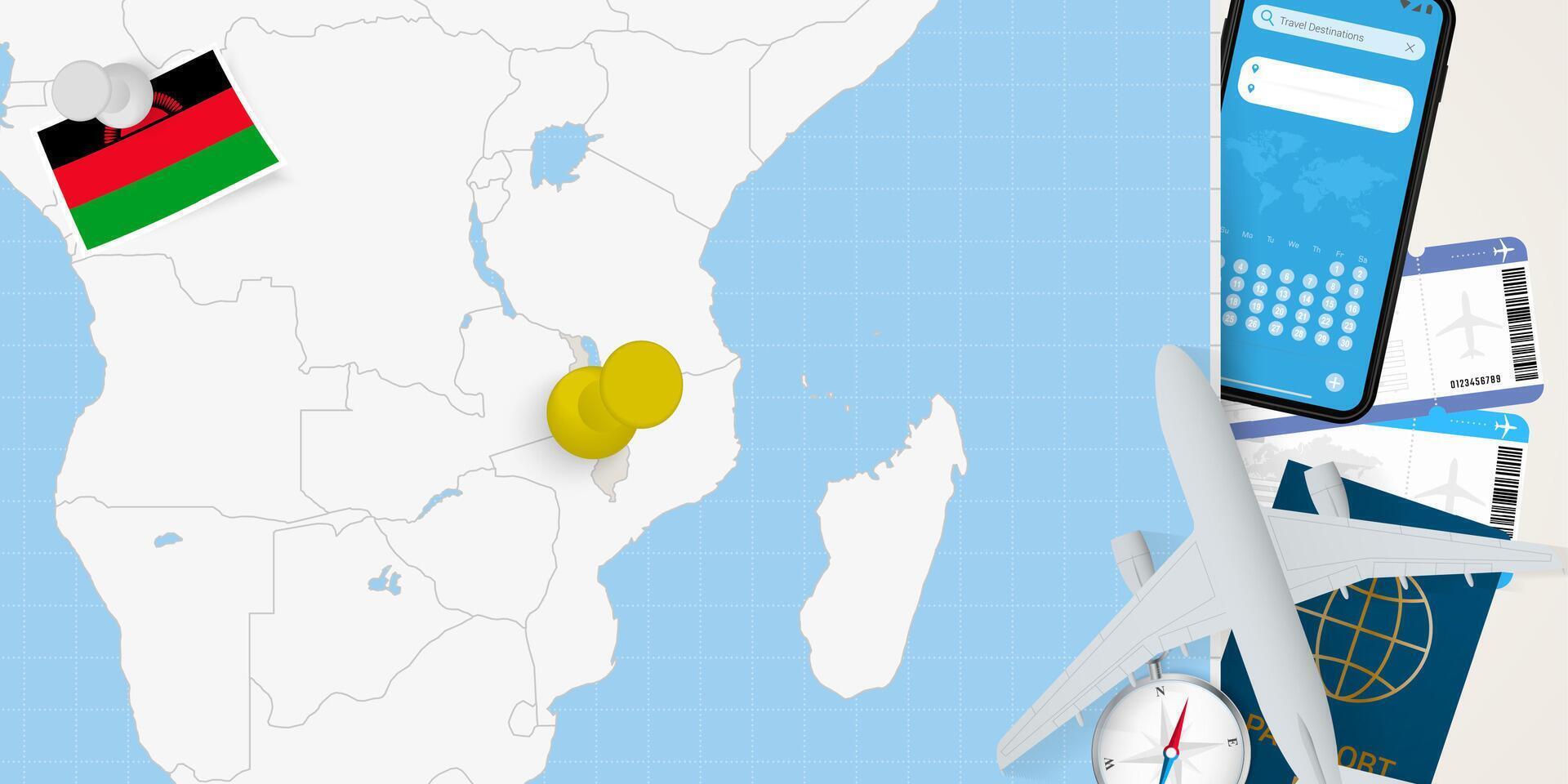 Travel to Malawi concept, map with pin on map of Malawi. Vacation preparation map, flag, passport and tickets. vector