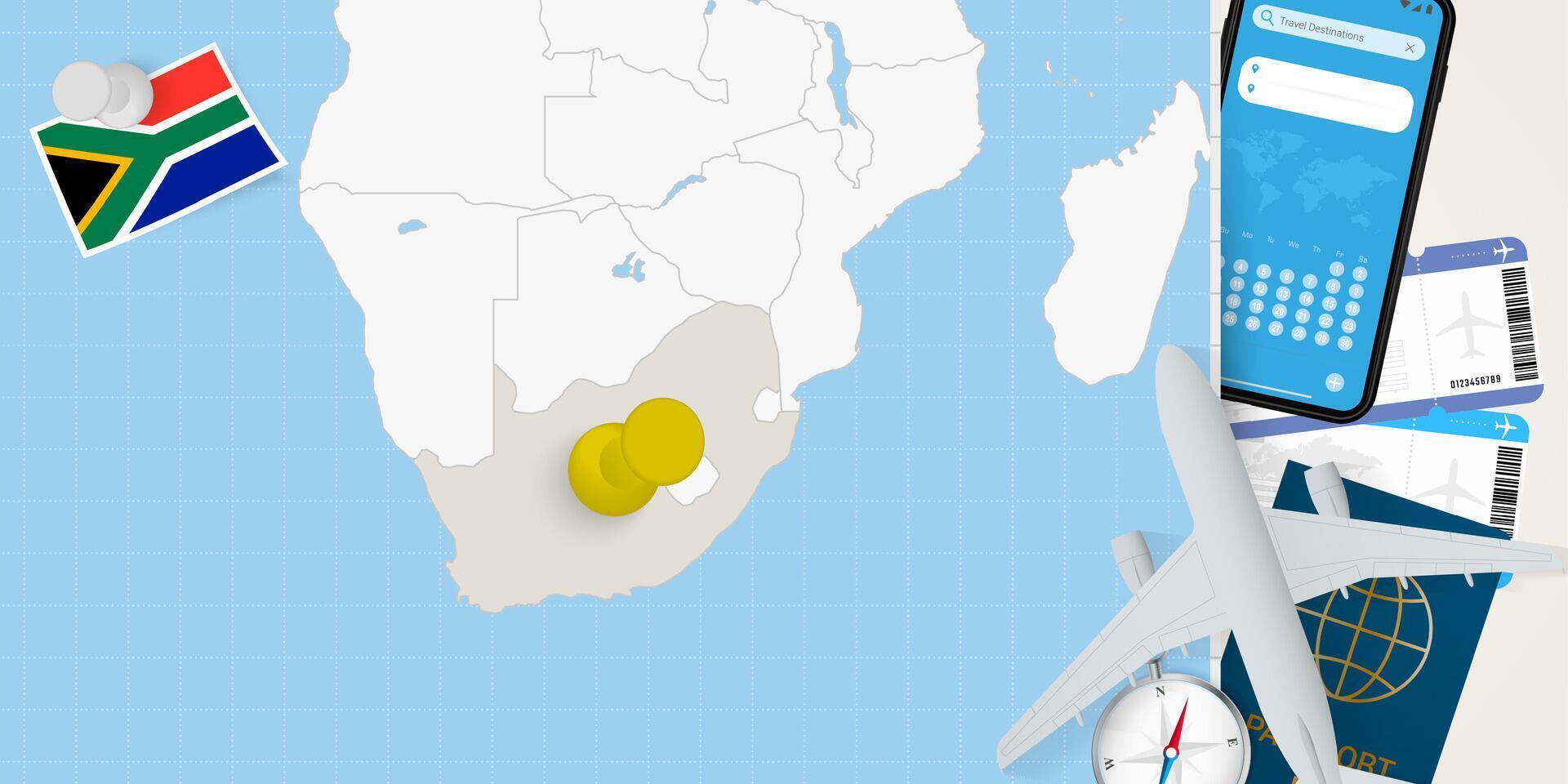 Travel to South Africa concept, map with pin on map of South Africa. Vacation preparation map, flag, passport and tickets. vector