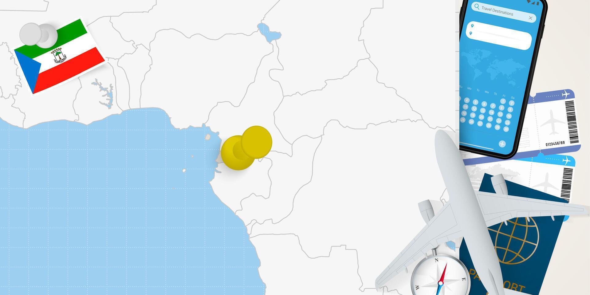 Travel to Equatorial Guinea concept, map with pin on map of Equatorial Guinea. Vacation preparation map, flag, passport and tickets. vector