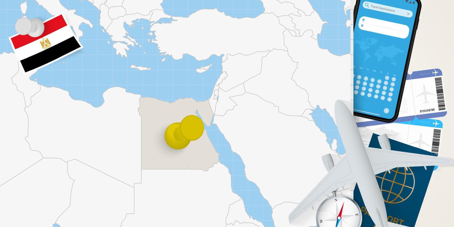 Travel to Egypt concept, map with pin on map of Egypt. Vacation preparation map, flag, passport and tickets. vector