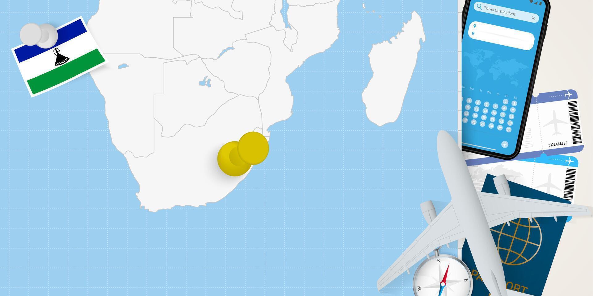 Travel to Lesotho concept, map with pin on map of Lesotho. Vacation preparation map, flag, passport and tickets. vector