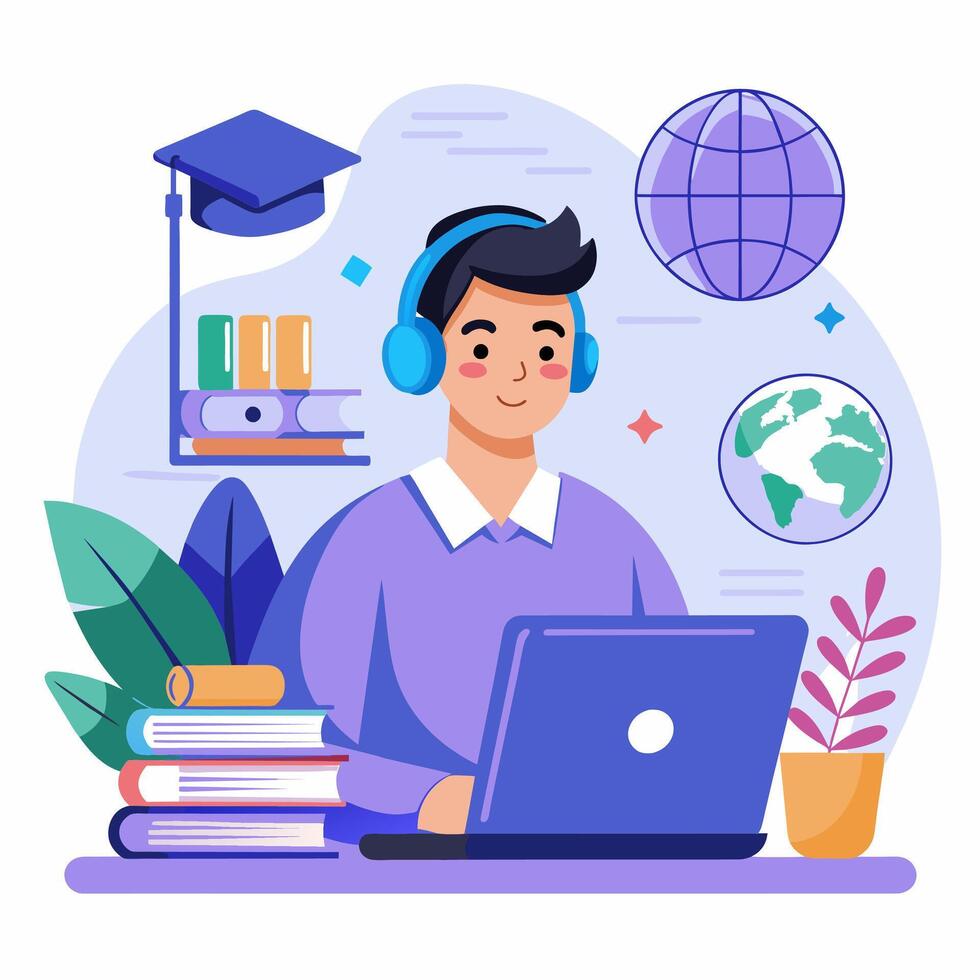 A man in headphones is working on his laptop vector
