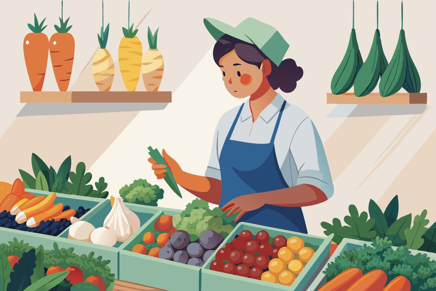 An illustration of a woman in an apron at a produce stand vector