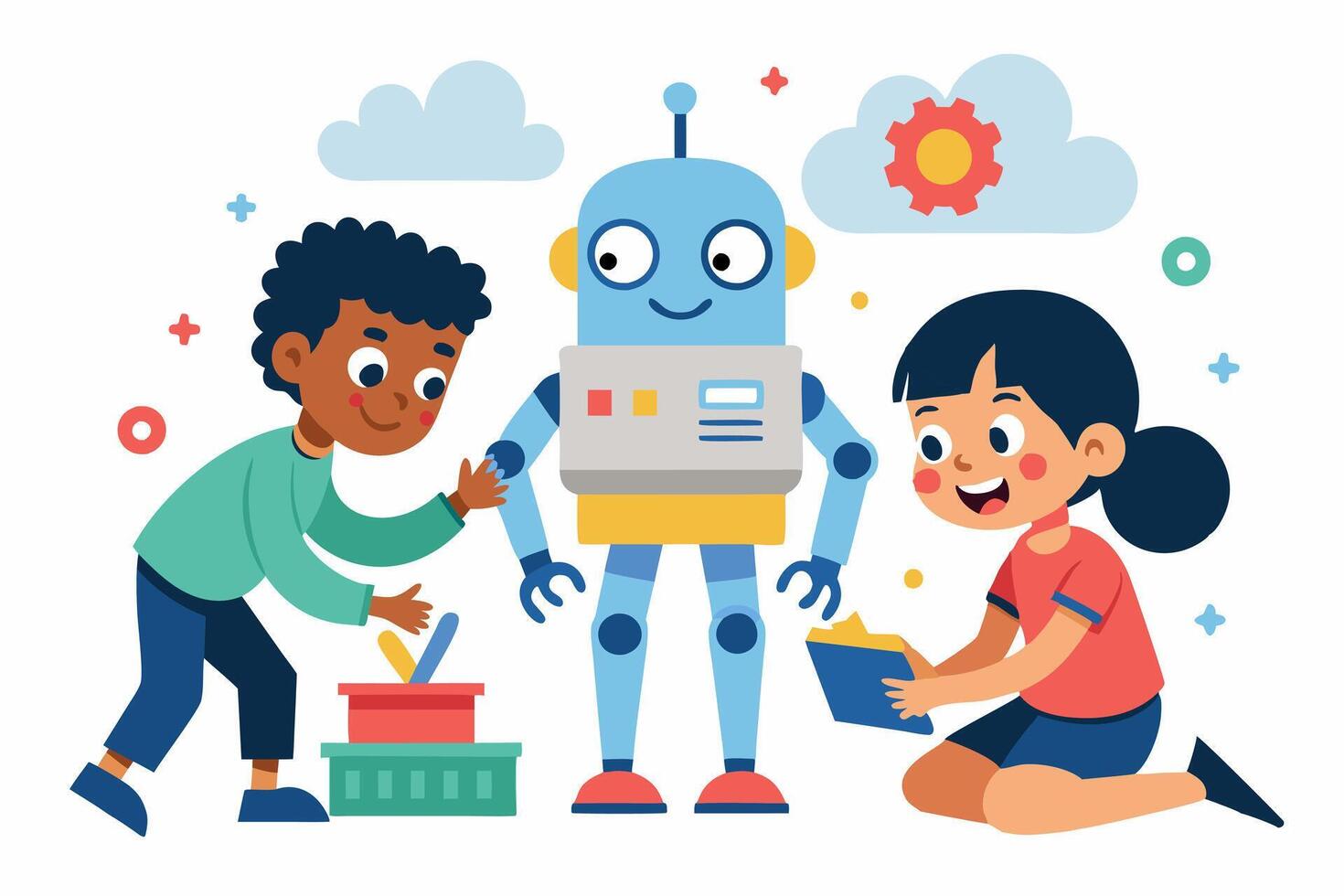 Children and robot in flat style vector