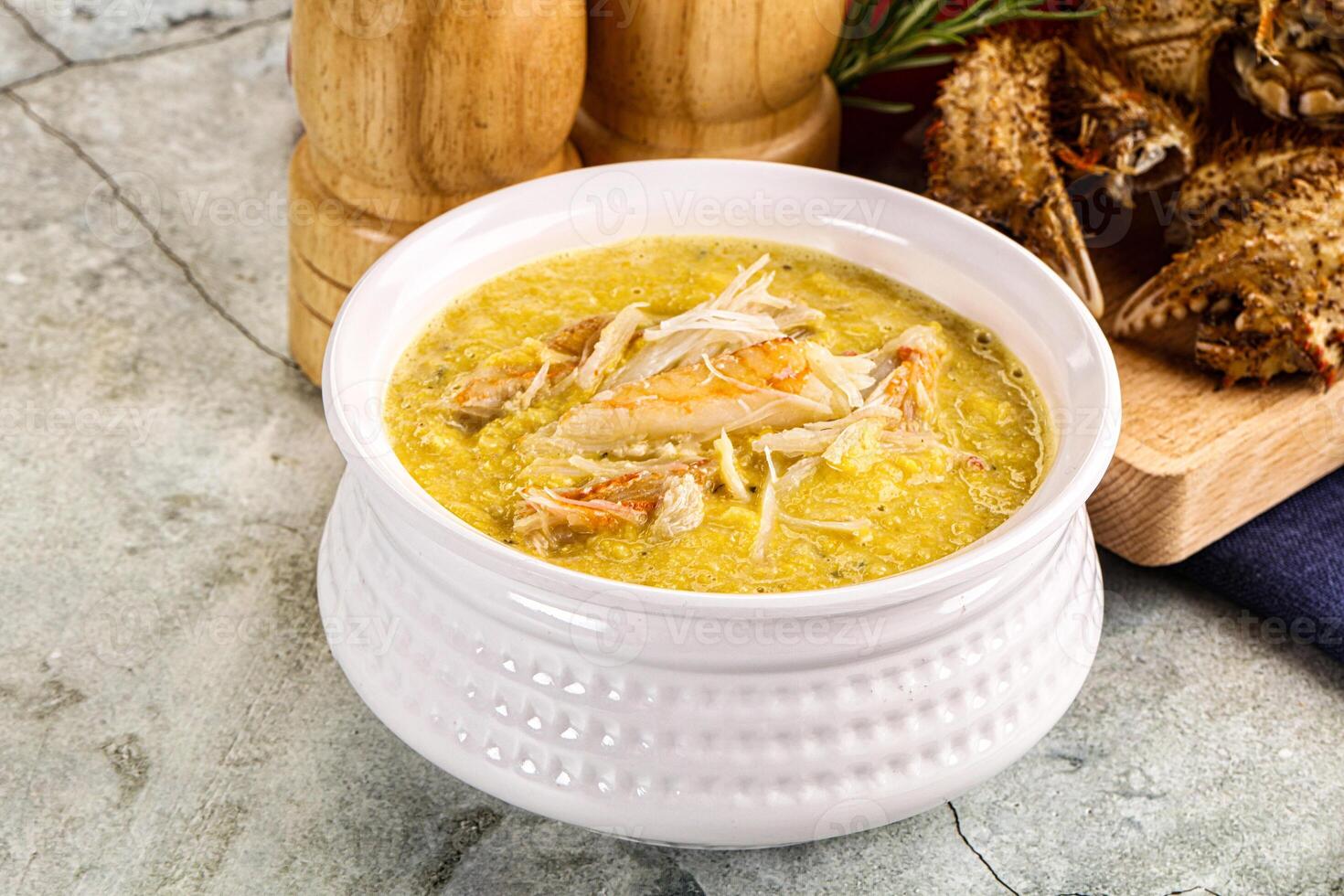 Corn cream soup with crab photo