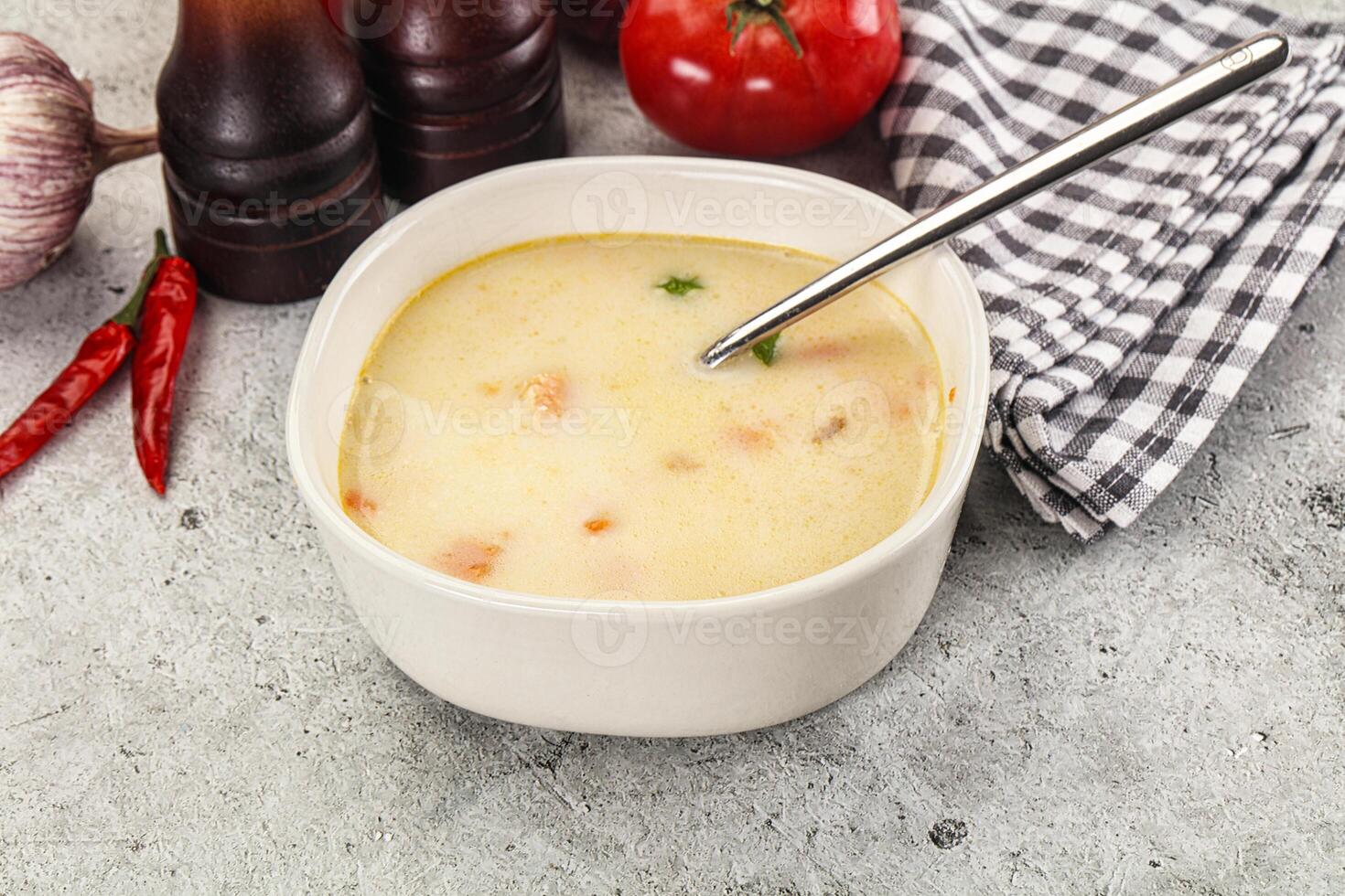 Salmon cream soup with vegetables photo