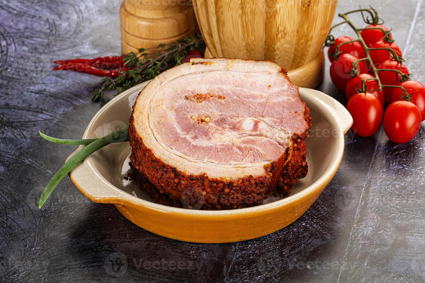 Tasty and fat smoked pork belly photo