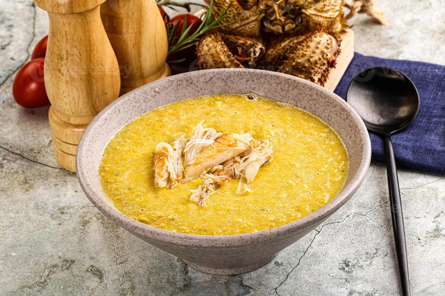 Corn cream soup with crab photo