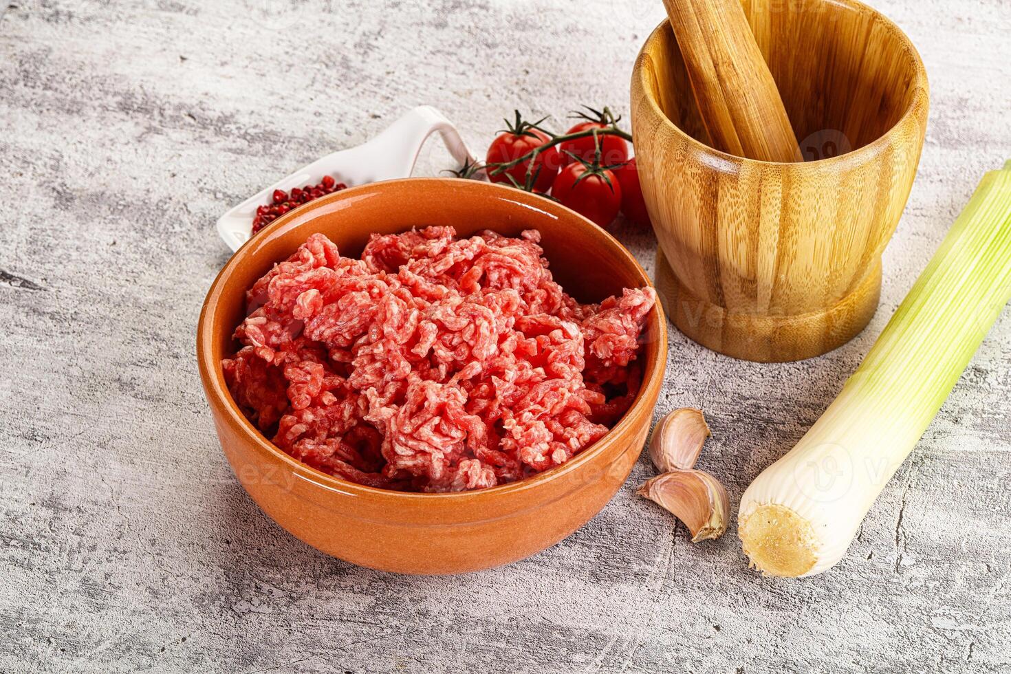 Minced beef meat in the bowl photo