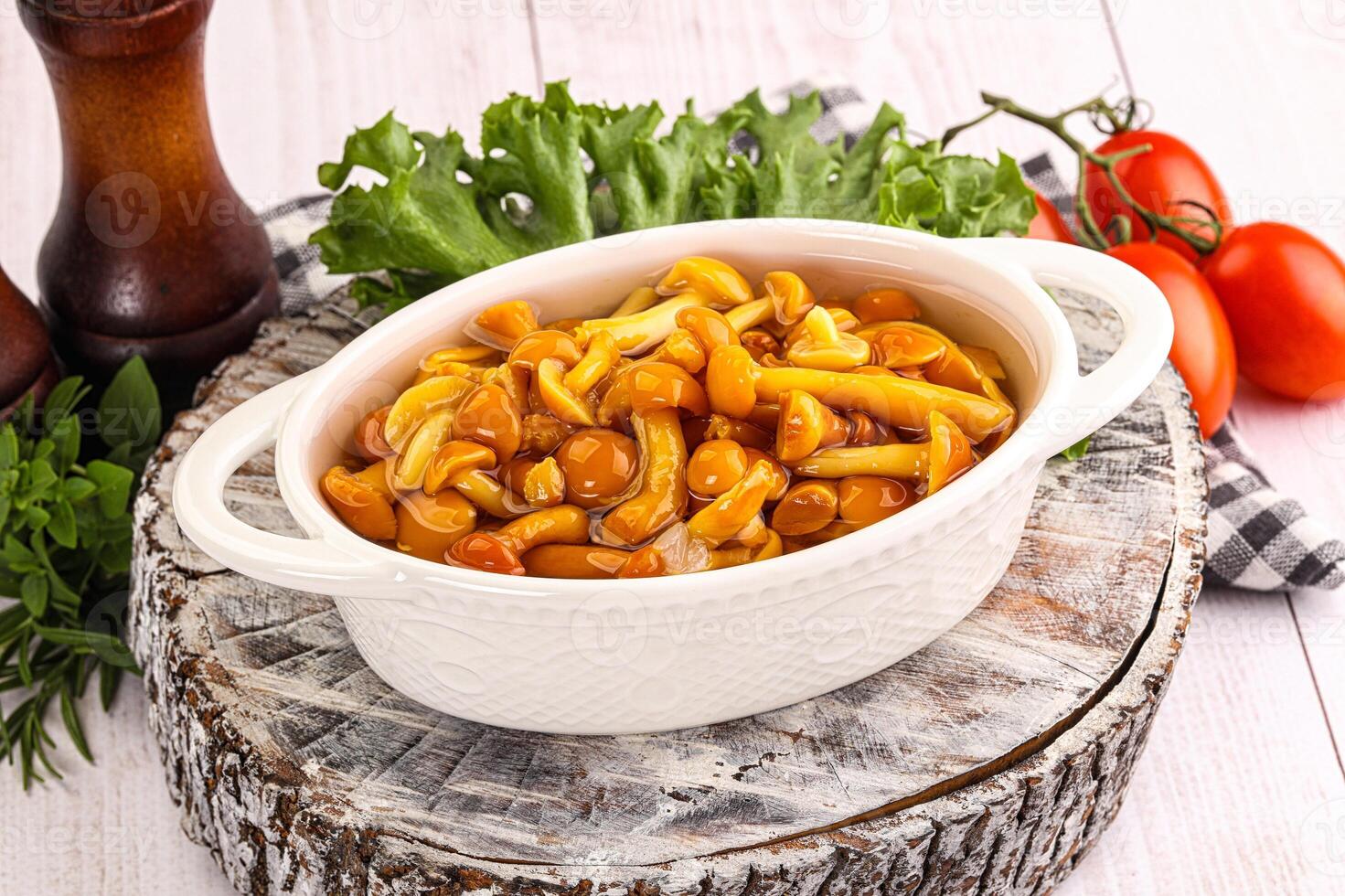 Marinated honey mushroom in the bowl photo