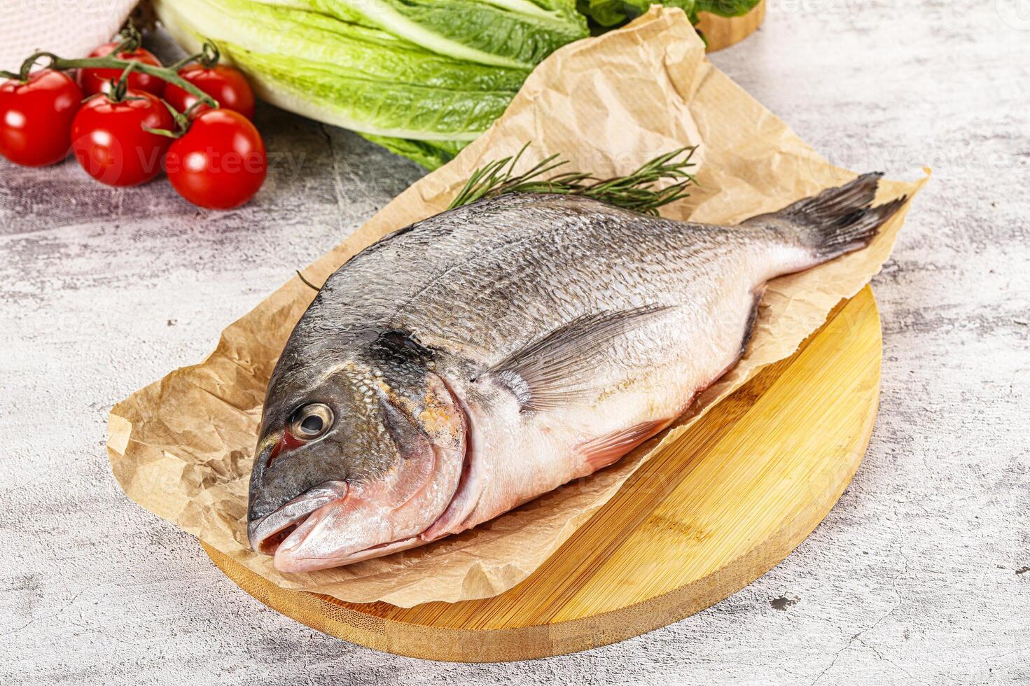 Raw dorada fish served rosemary photo