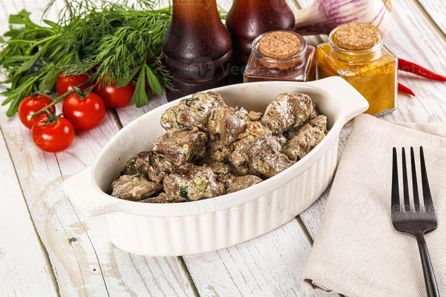 Roasted chicken liver with cream photo