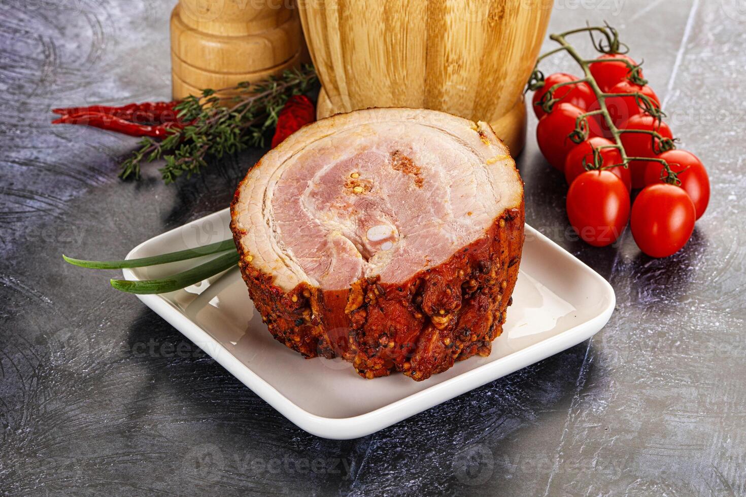 Tasty and fat smoked pork belly photo