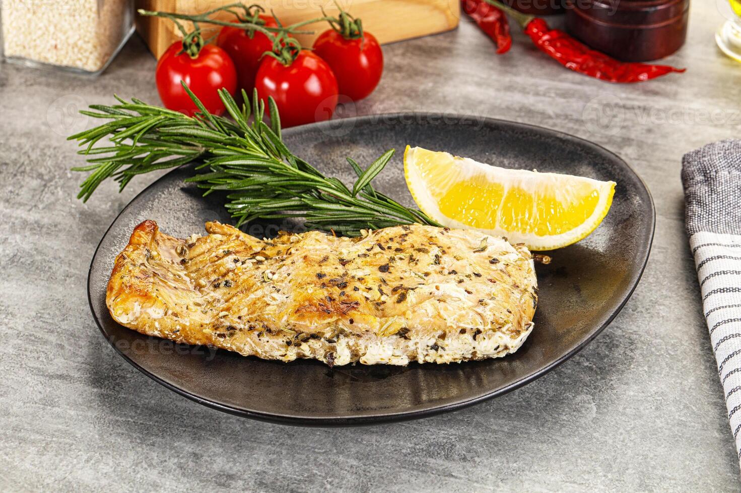 Baked salmon fish served rosemary photo