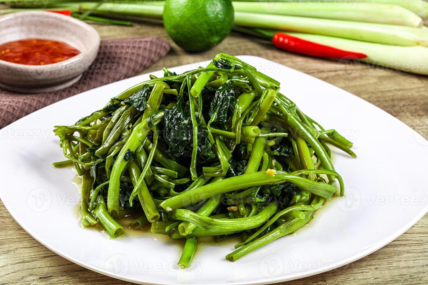Asian cuisine stir fried morning glory photo