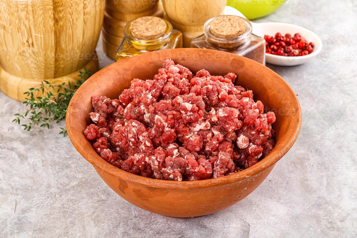 Raw beef minced meat for cooking photo