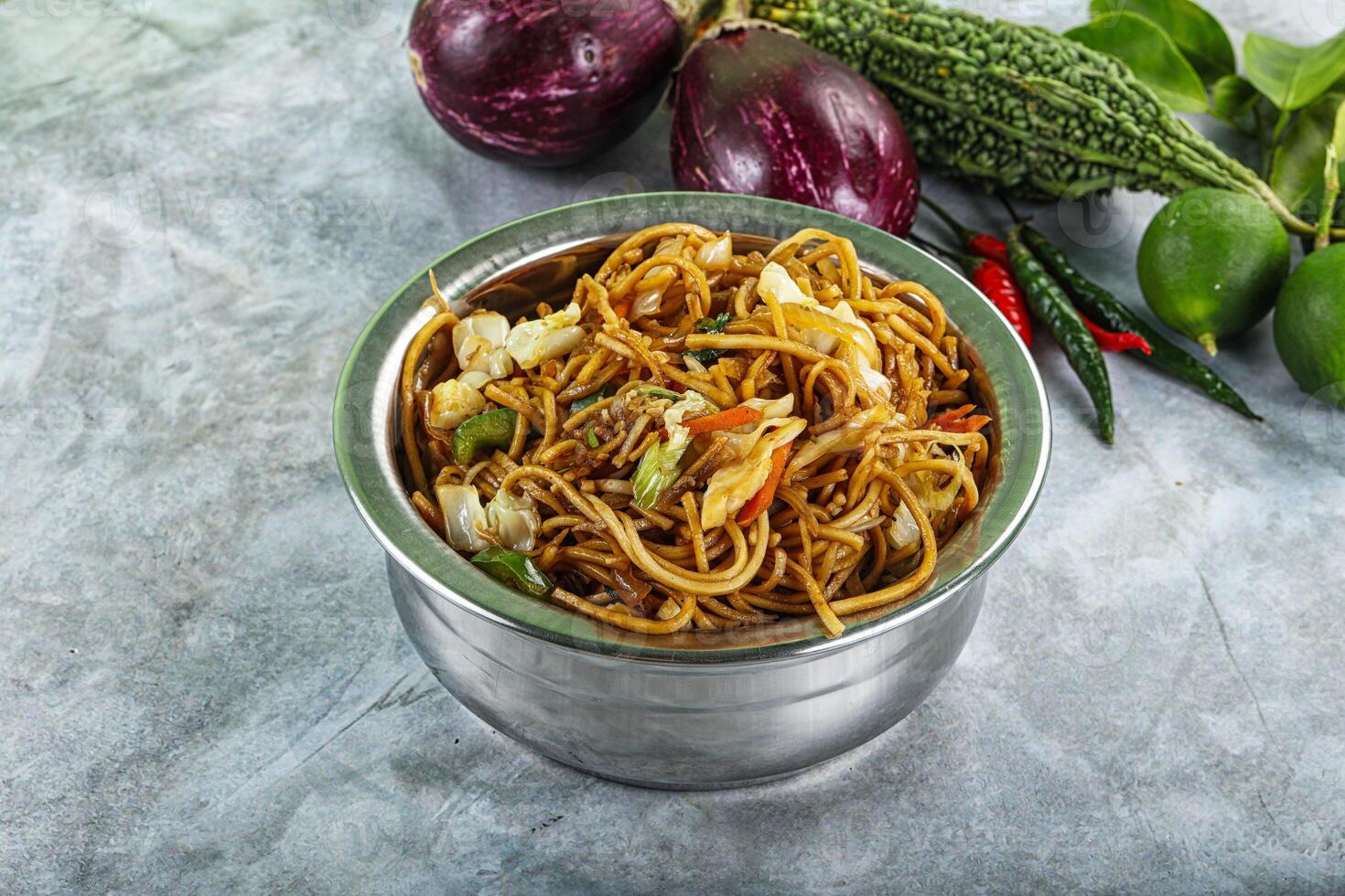 Stir fried noodles with vegetables photo