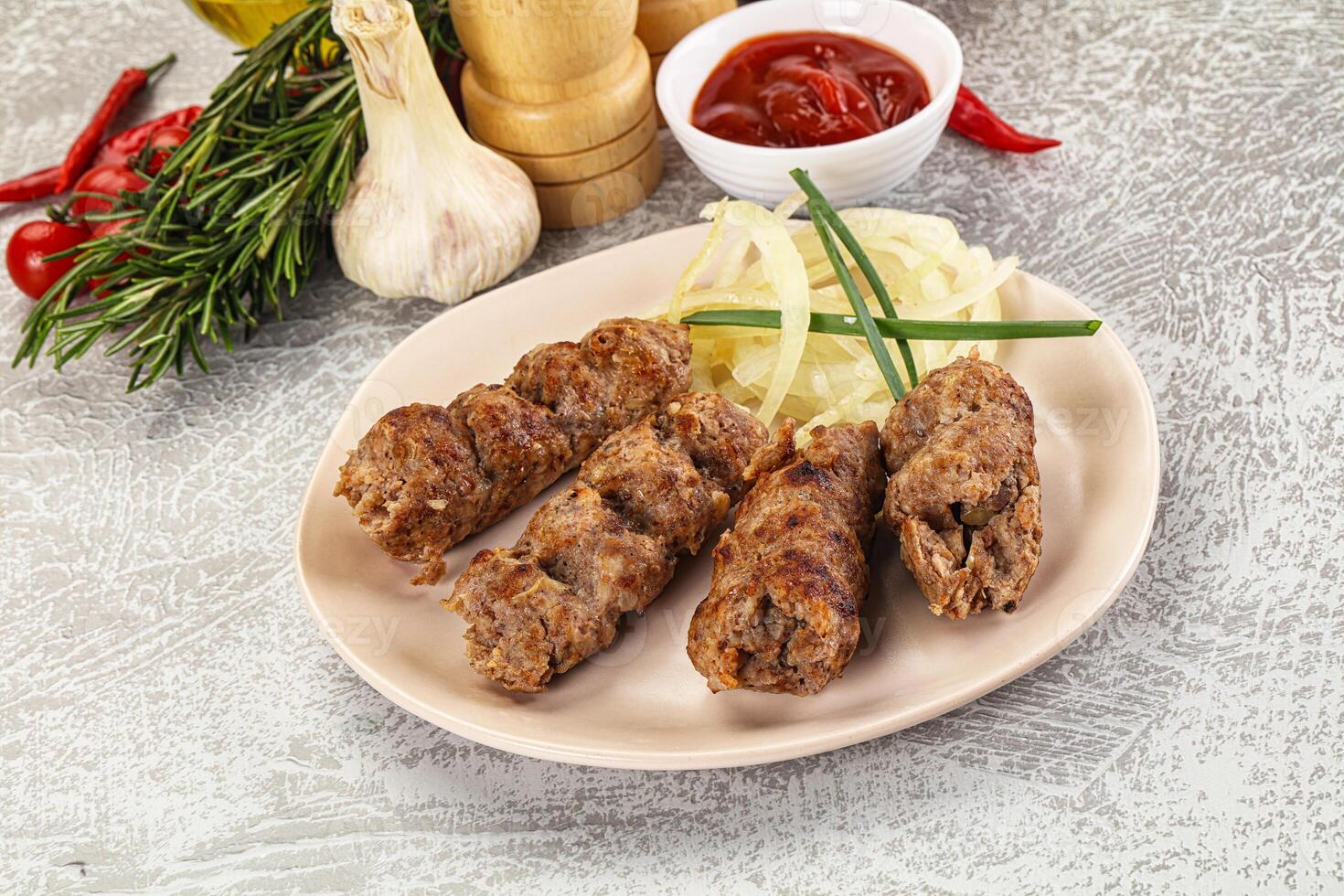Beef kebab minced meat with onion photo