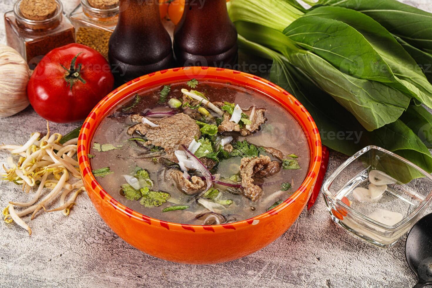 Vietnamese cuisine - Pho Bo soup with beef photo