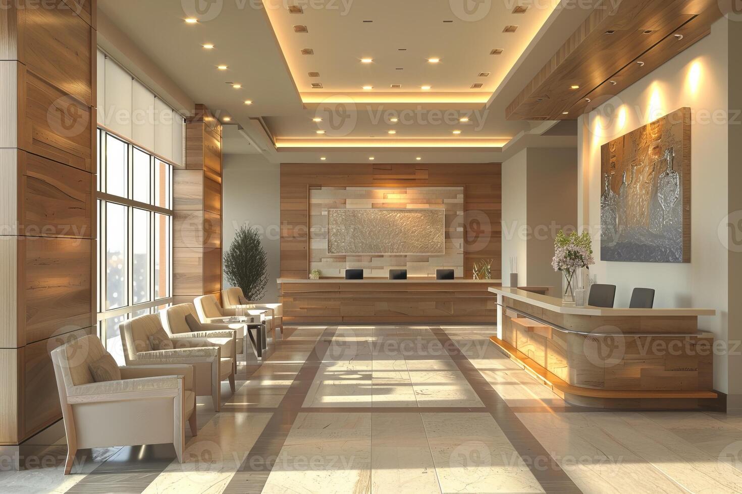 Elegant clinic reception area with modern wooden accents, comfortable seating, and ample natural light photo
