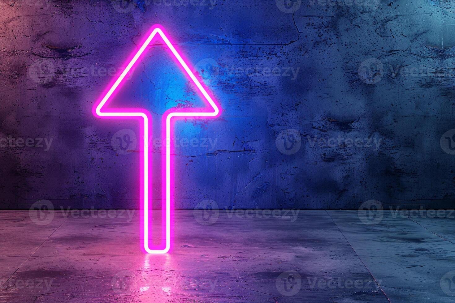 Neon pink arrow pointing up, standing on a reflective floor against a textured blue wall photo