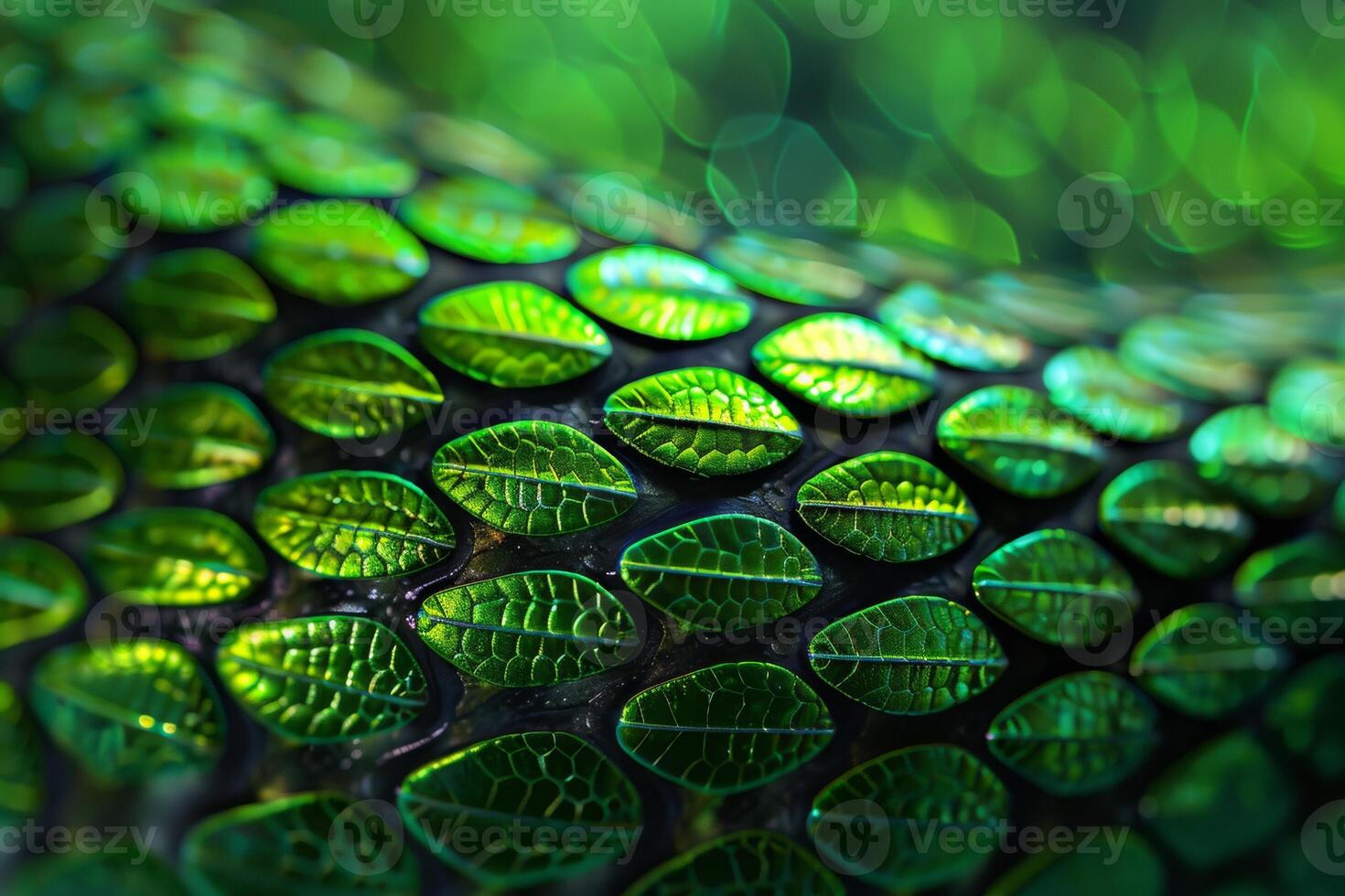Close-up of a snake's skin with vibrant green leaf-like scales, reflecting light. photo