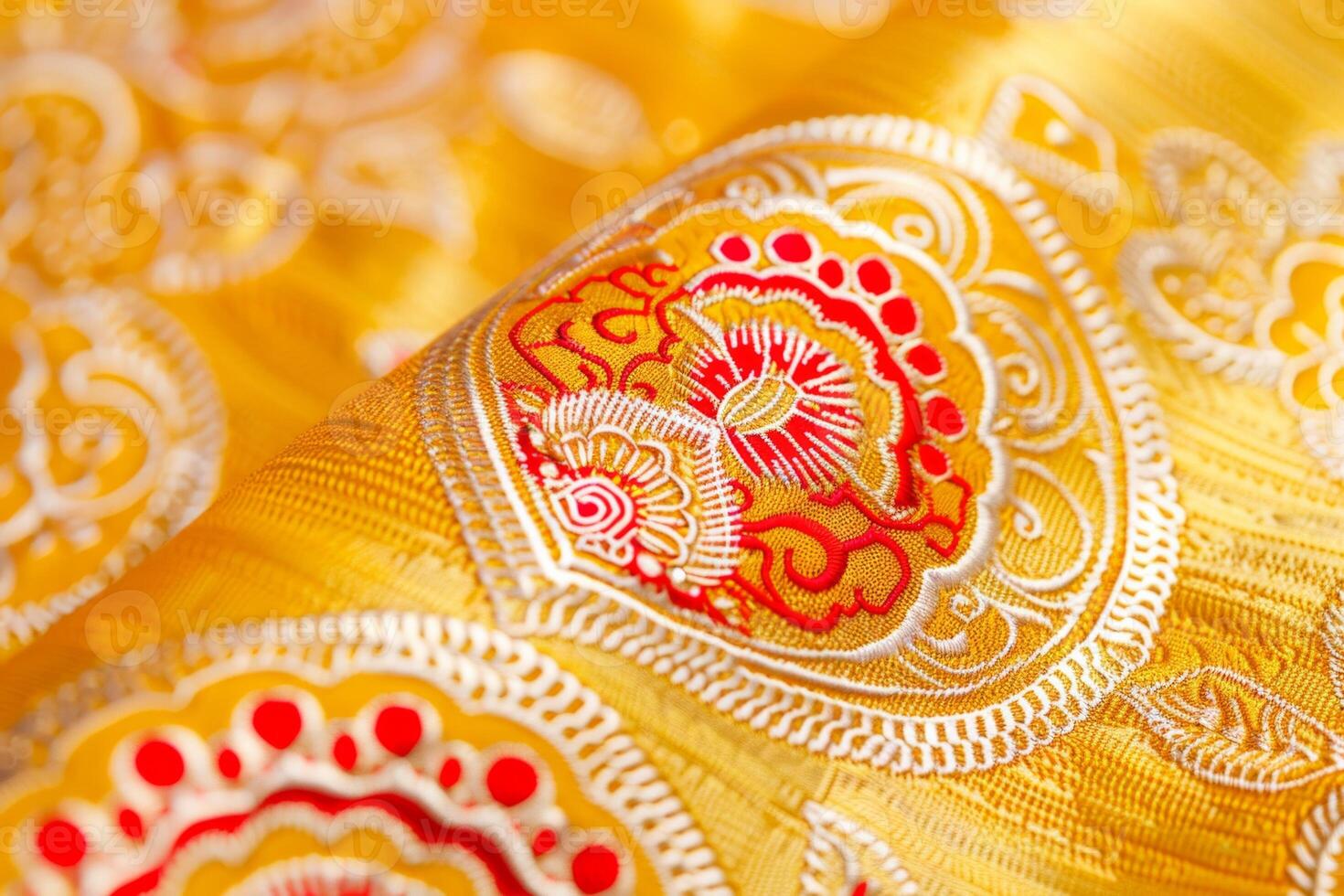 Bright yellow fabric with intricate red and white circular floral designs, featuring symmetrical photo