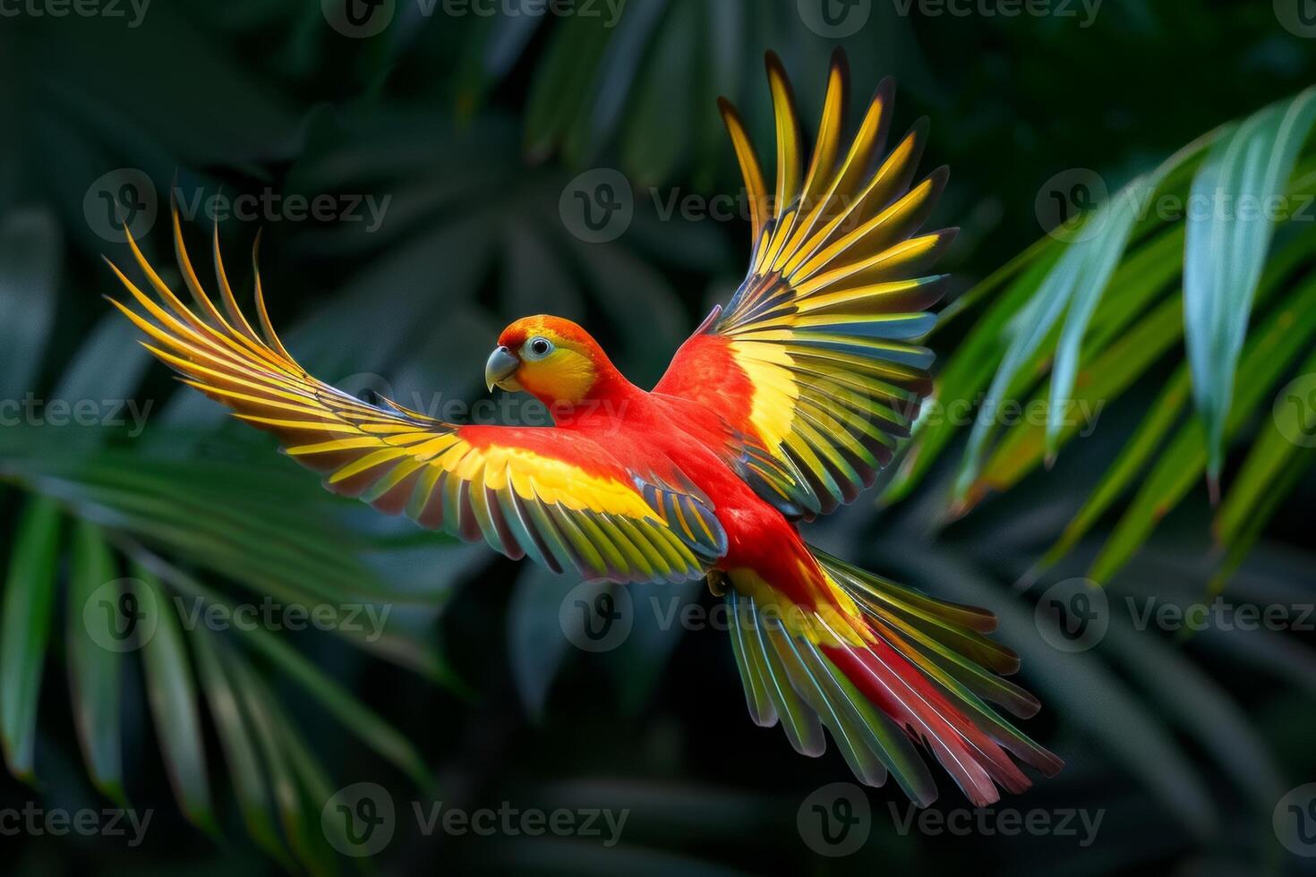 A striking red and yellow parrot in mid-flight, surrounded by lush green tropical foliage. photo