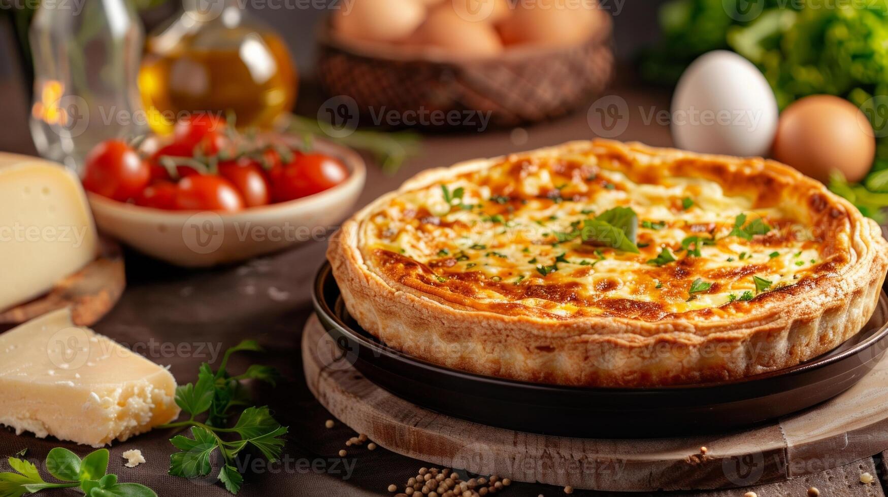 A close-up of a whole Quiche Lorraine on a wooden board, surrounded by ingredients like eggs, cheese, and tomatoes photo