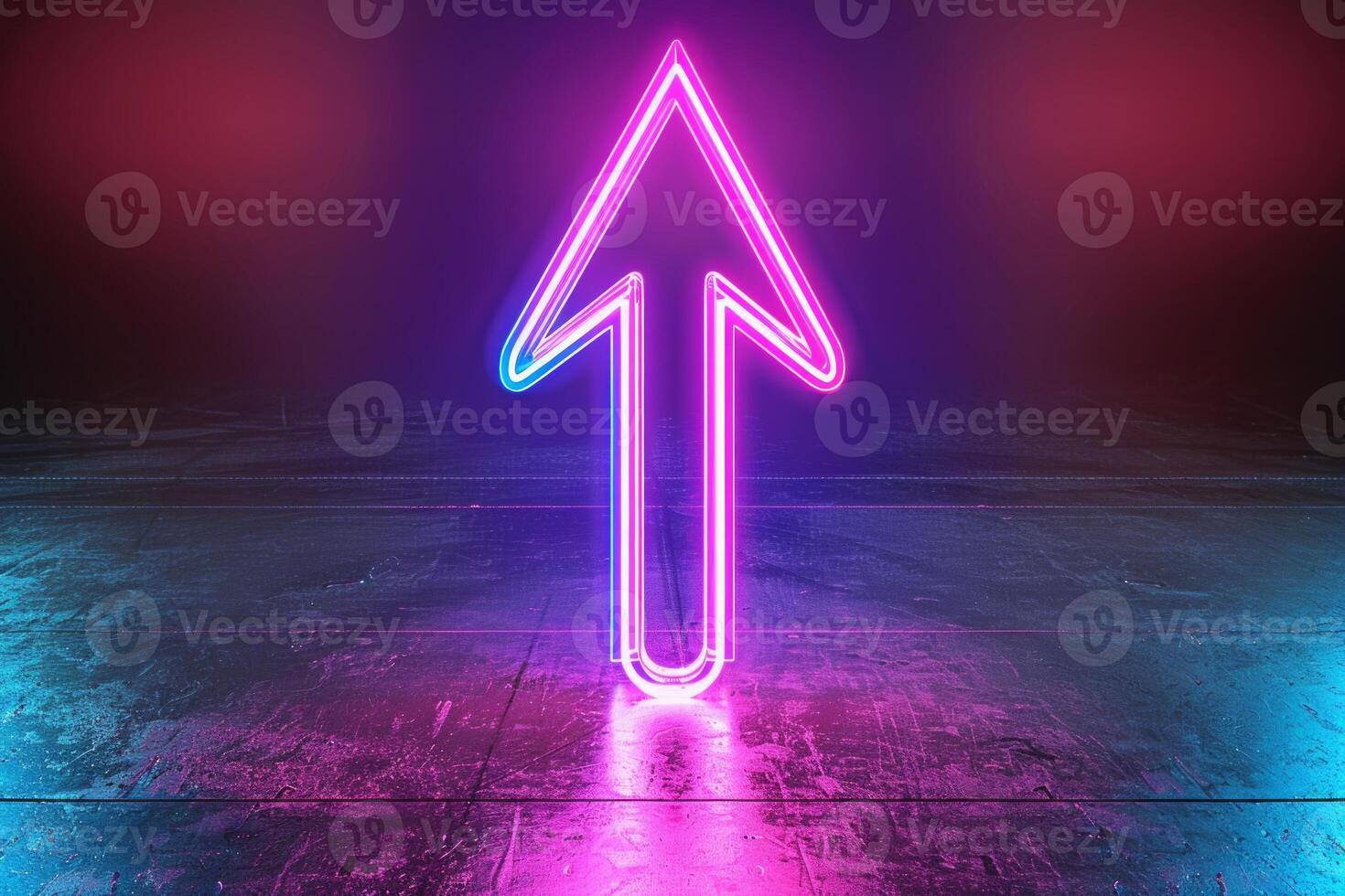Neon pink arrow pointing up, standing on a reflective surface against a dark background with red and blue highlights photo