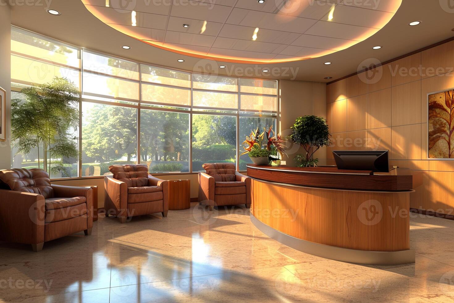 Sophisticated clinic reception area featuring a high-end design with polished wood surfaces photo