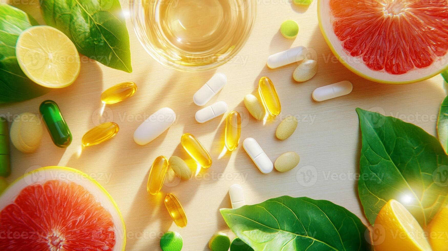 A vibrant flat-lay composition of various vitamins and supplements scattered alongside fresh fruits, leafy greens photo