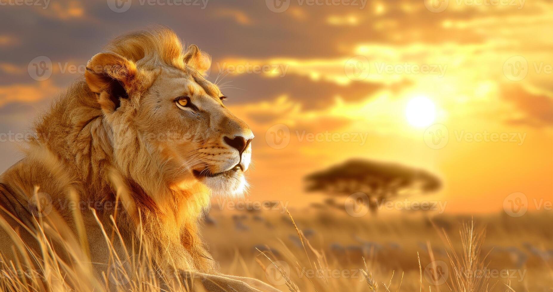 A majestic lion rests in the golden savannah at sunset, with the sun casting a warm glow over the landscape photo