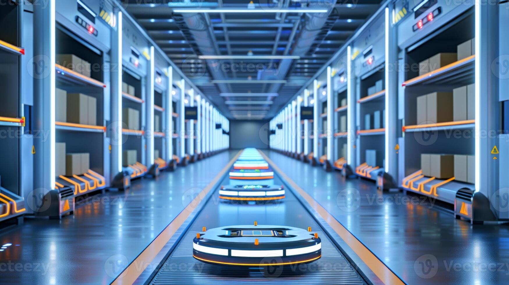 Photorealistic image of a futuristic warehouse with automated robots and conveyor belts efficiently handling goods photo