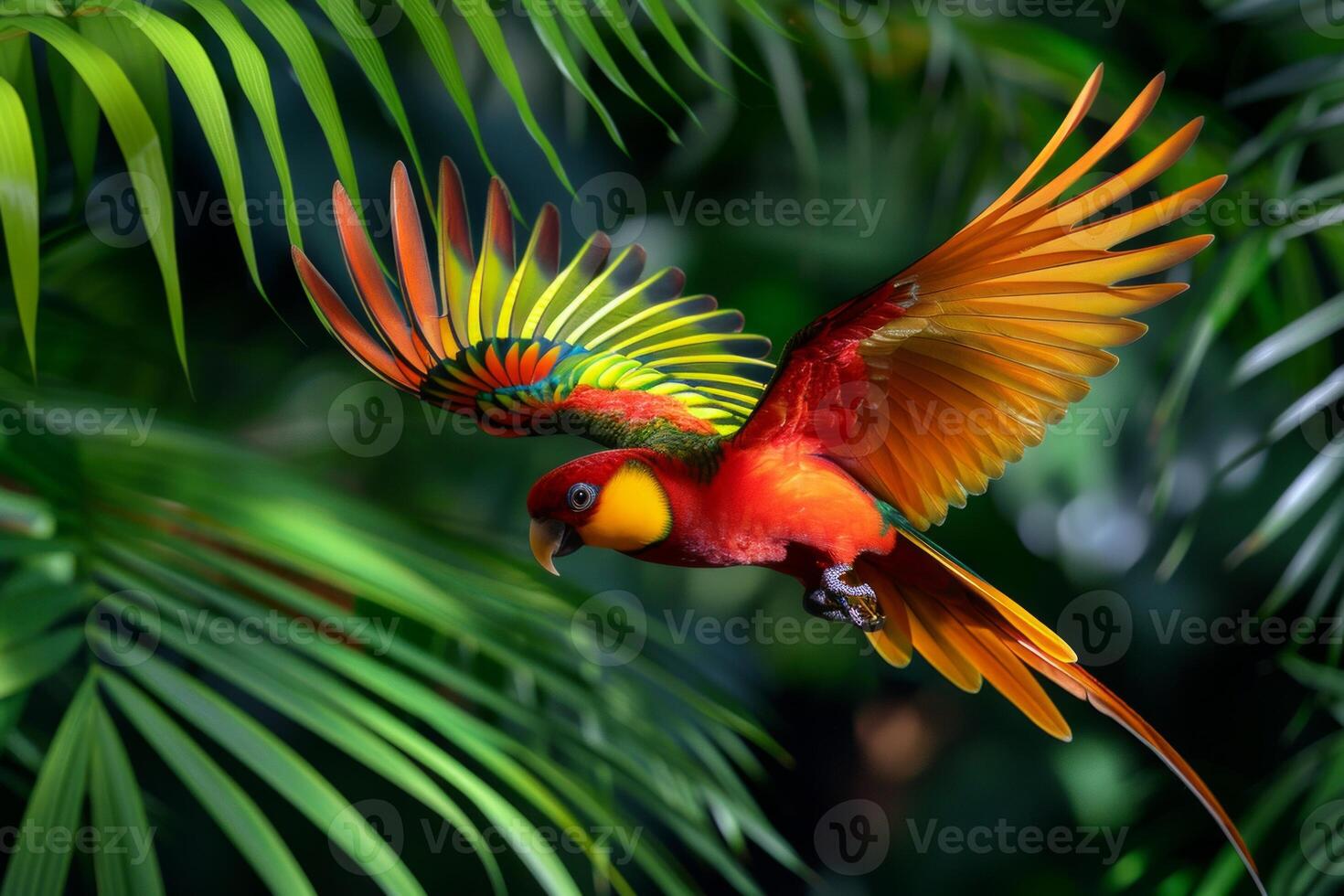 A vibrant red and yellow parrot with colorful wings in mid-flight, set against lush green tropical foliage photo