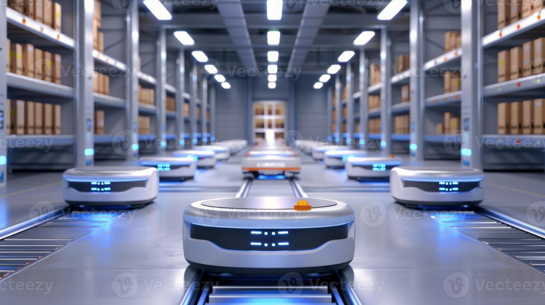 Photorealistic image of a futuristic warehouse with autonomous robots efficiently navigating through organized shelves photo