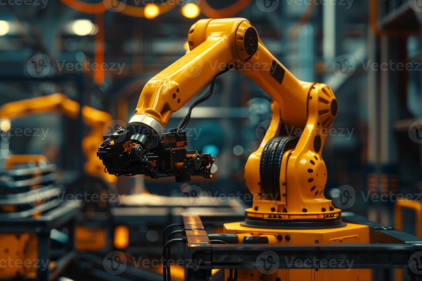 A powerful yellow industrial robot arm in an advanced manufacturing plant, showcasing precision and automation photo